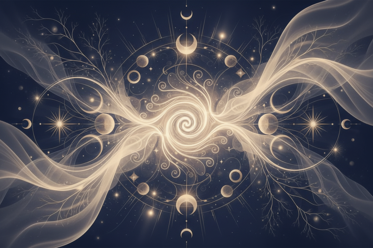 A mystical, intuitive wellness hero image in deep indigo, cream, and muted gold, featuring abstract celestial motifs, delicate energy lines, and soft texture overlays. Suggestive of intuition, inner transformation, feminine energy, and spiritual guidance. No people. Soft, dreamy, inviting.
