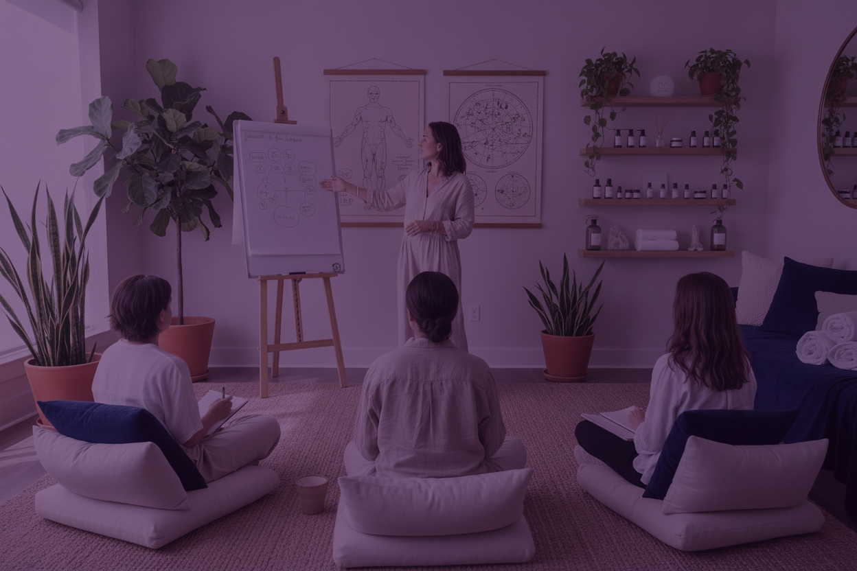 In-person and online workshops on:Intuition Astrology Human Design Identity shifts Nervous system support Facial + Skincare Events Corporate or team-building wellness. I want it to look like someone teaching but don't show faces