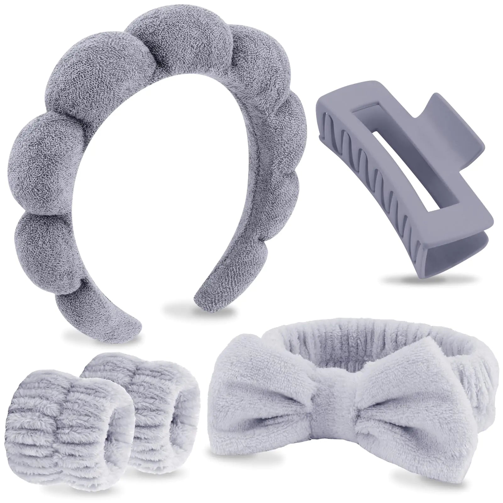 VELSCRUN Grey Puffy Sponge Spa Headband Bow Tie Hair Band Hair Clips Wristband Set 5 Pcs Spa Headbands for Wash Face Makeup Headband Facial Skincare Headbands Women Girls Hair Accessories - True Indigo Spa + Wellness