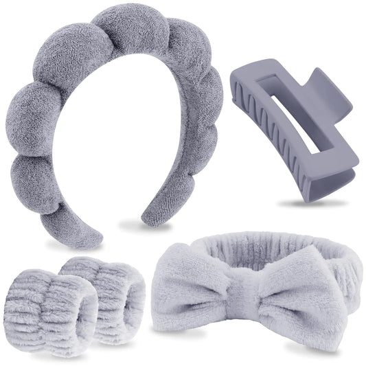 VELSCRUN Grey Puffy Sponge Spa Headband Bow Tie Hair Band Hair Clips Wristband Set 5 Pcs Spa Headbands for Wash Face Makeup Headband Facial Skincare Headbands Women Girls Hair Accessories - True Indigo Spa + Wellness